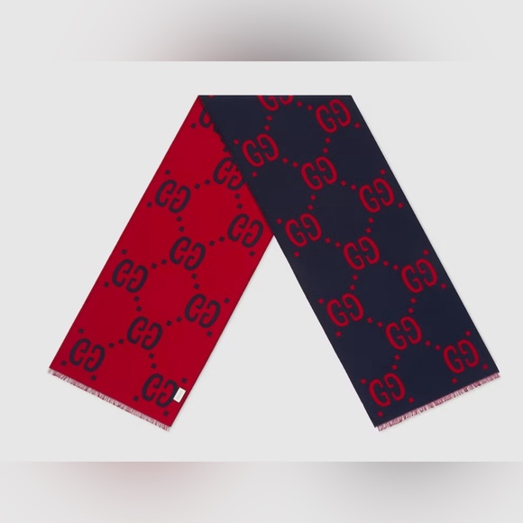 Auth Gucci GG Jacquard Navy Blue Red Wool Silk Scarf Wrap Stole On Sale Now - Picture 4 of 11